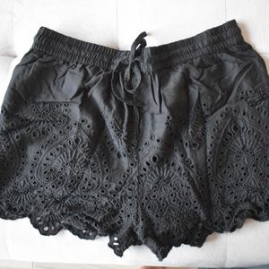 Black Eyelet Tie Waist Shorts